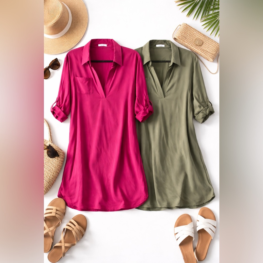 2 Beach Cover Ups Bundle | Fuchsia & Olive Green Lightweight Tunics